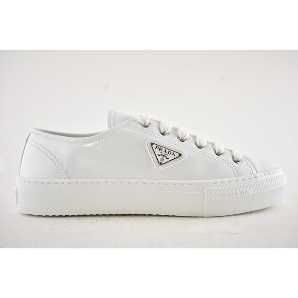 Prada Smash Naplak White Patent Logo Lace Up Flat Low Top Trainer Sneaker 40 - Picture 2 of 16
